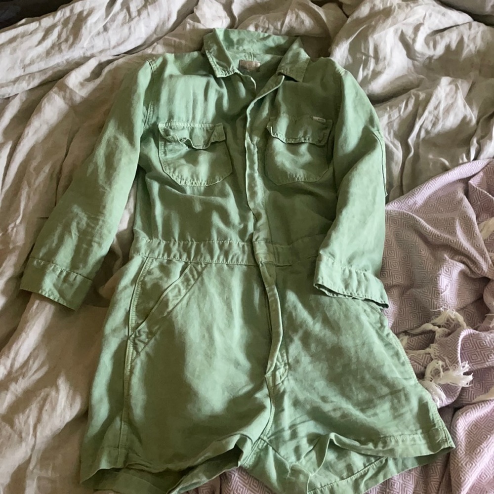 MOTHER long sleeve utility romper in hedge green